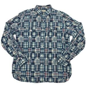 VTG 90s Lucky Brand Mens XL Pearl Snap Shirt Long Sleeve Patchwork Blue *FLAWS